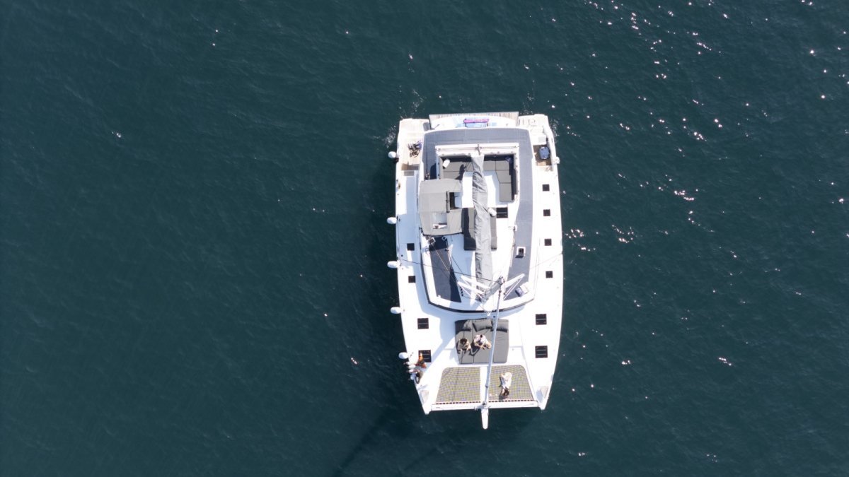 Aerial view of a 47 ft catamaran used for private yacht rentals from Marina Riviera Nayarit near Puerto Vallarta