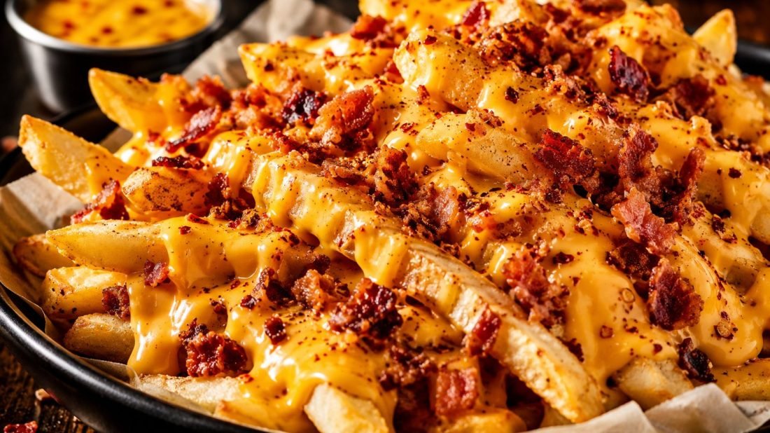 Loaded fries with melted cheese and bacon served at a sports bar in Nuevo Vallarta